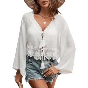 imageSHENHE Womens Lace Trim Tie Front Long Sleeve Kimono Beach Cover Up Boho Cardigan Kimono White Medium