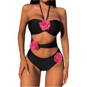 imageSHENHE Womens Sexy One Piece Cut Out Halter Bathing Suit 3D Flower Rosette Swimsuit Black Medium
