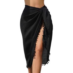 imageSHENHE Womens Sheer Mesh Twist Pom Pom Swim Coverups Split Thigh Wrap Beach Midi SkirtsBlack