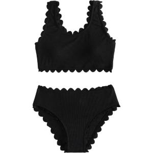 imageSHENHE Girls Scallop Trim Scoop Neck Sleeveless Solid 2 Piece Bikini SwimsuitsBlack