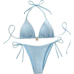 imageSHENHE Womens 2 Piece Halter Triangle Swimsuit Textured Tie Side Triangle Bikini Bathing SuitFlower Light Blue