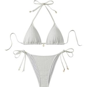 imageSHENHE Womens 2 Piece Halter Triangle Swimsuit Textured Tie Side Triangle Bikini Bathing SuitWhite