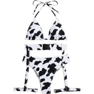 imageSHENHE Womens 3 Piece Cow Print Cut Out Tie Backless Halter Triangle Bikini Swimsuit Bathing SuitBlack