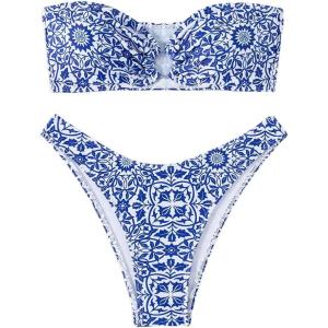 imageSHENHE Womens Floral Bandeau Bikini Set O Ring High Cut Strapless 2 Piece SwimsuitBlue and White