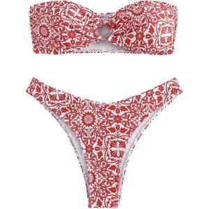 imageSHENHE Womens Floral Bandeau Bikini Set O Ring High Cut Strapless 2 Piece SwimsuitRed and White