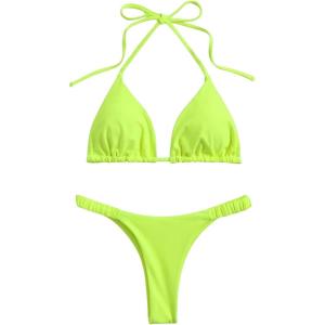 imageSHENHE Womens Halter Swimsuits 2 Piece Triangle High Cut Cheeky Thong Bikini Set Bathing SuitLime Green