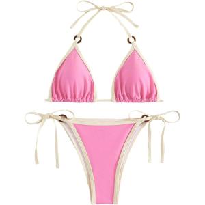 imageSHENHE Womens Sexy Bikini Sets Ring Triangle Tie Bathing Suits 2 Piece SwimsuitsContrast Binding Pink