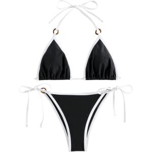imageSHENHE Womens Sexy Bikini Sets Ring Triangle Tie Bathing Suits 2 Piece SwimsuitsWhite and Black