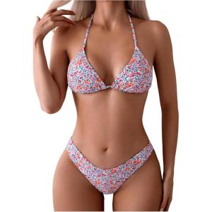 imageSHENHE Womens Summer Beach Random Vacation Beach Ditsy Printed Halter Bikini SetFloral Green Orange