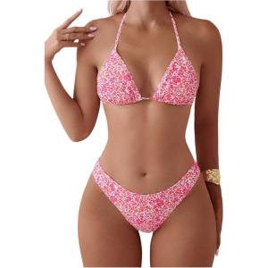 imageSHENHE Womens Summer Beach Random Vacation Beach Ditsy Printed Halter Bikini SetFloral Pink