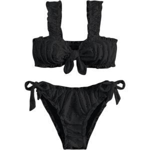 imageSHENHE Womens 2 Piece Cute Ruffle Swimsuit Knot Front Eyelet Tie Side Cut Bikini SetBlack