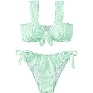 imageSHENHE Womens 2 Piece Cute Ruffle Swimsuit Knot Front Eyelet Tie Side Cut Bikini SetMint Green