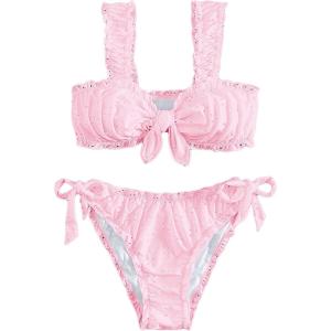 imageSHENHE Womens 2 Piece Cute Ruffle Swimsuit Knot Front Eyelet Tie Side Cut Bikini SetPink