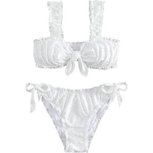 imageSHENHE Womens 2 Piece Cute Ruffle Swimsuit Knot Front Eyelet Tie Side Cut Bikini SetWhite
