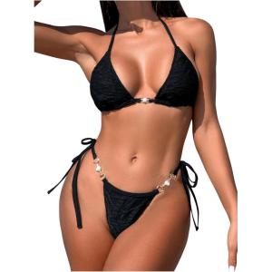 imageSHENHE Womens 2 Piece Halter Triangle Thong Swimsuit String Sexy Brazilian Bathing Bikini SetBlack