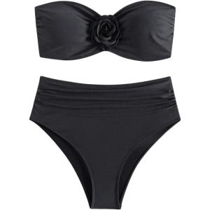 imageSHENHE Womens 2 Piece Strapless Swimsuits Ruched High Waisted Floral Bandeau Bikini SetBlack
