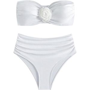 imageSHENHE Womens 2 Piece Strapless Swimsuits Ruched High Waisted Floral Bandeau Bikini SetWhite