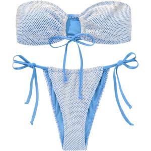 imageSHENHE Womens Bandeau Bikini Set 2 Piece Drawstring Strapless Tie Side SwimsuitBlue