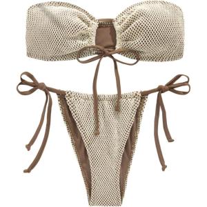 imageSHENHE Womens Bandeau Bikini Set 2 Piece Drawstring Strapless Tie Side SwimsuitBrown
