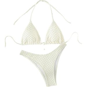 imageSHENHE Womens Triangle High Cut Bikini Tie Back 2 Piece Halter Swimsuits Bathing SuitBeige