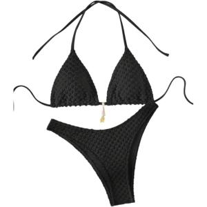 imageSHENHE Womens Triangle High Cut Bikini Tie Back 2 Piece Halter Swimsuits Bathing SuitBlack