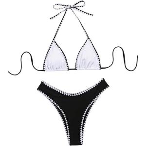 imageSHENHE Womens Triangle High Cut Bikini Tie Back 2 Piece Halter Swimsuits Bathing SuitBlack and White
