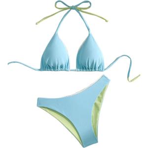 imageSHENHE Womens Triangle High Cut Bikini Tie Back 2 Piece Halter Swimsuits Bathing SuitBlue and Green