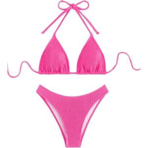 imageSHENHE Womens Triangle High Cut Bikini Tie Back 2 Piece Halter Swimsuits Bathing SuitHot Pink