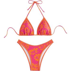 imageSHENHE Womens Triangle High Cut Bikini Tie Back 2 Piece Halter Swimsuits Bathing SuitMulticolor Floral