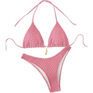 imageSHENHE Womens Triangle High Cut Bikini Tie Back 2 Piece Halter Swimsuits Bathing SuitPink