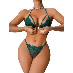imageSHENHE Womens 2 Piece Lace Lingerie Front Closure Halter Backless Bra and Panty SetDark Green