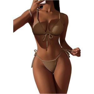 imageSHENHE Womens Sexy String Bikini Set Triangle Brailian Thong Swimsuit Textured 2 Piece Swim SetBrown