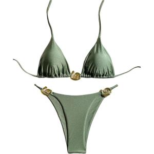 imageSHENHE Womens Thong Bikini Set Halter 2 Piece Swimsuit Triangle Metal Ring Bathing SuitsArmy Green