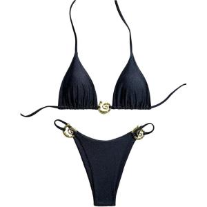 imageSHENHE Womens Thong Bikini Set Halter 2 Piece Swimsuit Triangle Metal Ring Bathing SuitsBlack