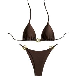 imageSHENHE Womens Thong Bikini Set Halter 2 Piece Swimsuit Triangle Metal Ring Bathing SuitsBrown
