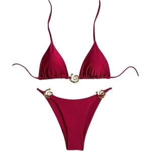 imageSHENHE Womens Thong Bikini Set Halter 2 Piece Swimsuit Triangle Metal Ring Bathing SuitsDark Red