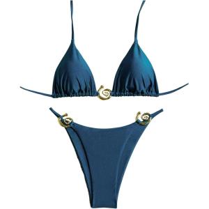 imageSHENHE Womens Thong Bikini Set Halter 2 Piece Swimsuit Triangle Metal Ring Bathing SuitsDeep Blue