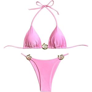 imageSHENHE Womens Thong Bikini Set Halter 2 Piece Swimsuit Triangle Metal Ring Bathing SuitsLight Pink