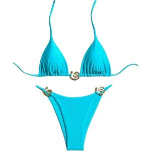 imageSHENHE Womens Thong Bikini Set Halter 2 Piece Swimsuit Triangle Metal Ring Bathing SuitsMint Blue