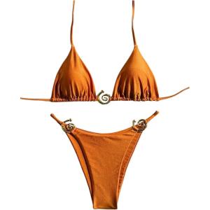imageSHENHE Womens Thong Bikini Set Halter 2 Piece Swimsuit Triangle Metal Ring Bathing SuitsOrange