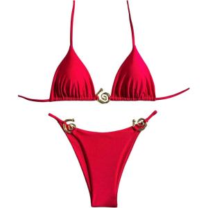 imageSHENHE Womens Thong Bikini Set Halter 2 Piece Swimsuit Triangle Metal Ring Bathing SuitsRed