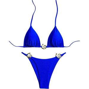 imageSHENHE Womens Thong Bikini Set Halter 2 Piece Swimsuit Triangle Metal Ring Bathing SuitsRoyal Blue