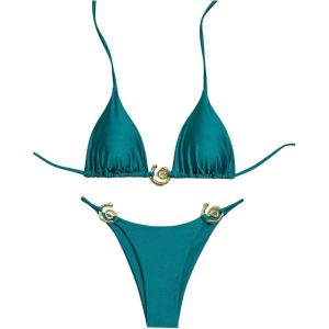 imageSHENHE Womens Thong Bikini Set Halter 2 Piece Swimsuit Triangle Metal Ring Bathing SuitsTeal Blue