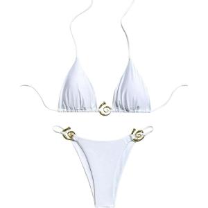 imageSHENHE Womens Thong Bikini Set Halter 2 Piece Swimsuit Triangle Metal Ring Bathing SuitsWhite Solid