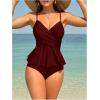 imageSHENHE Womens Ruffled Tankinni Swimsuit Tummy Control High Waisted Peplum Bathing SuitsBurgundy