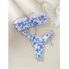 imageSHENHE Womens Strapless 2 Piece Swimsuits Floral Colorblock Lace Up Bandeau Bikini SetWhite and Blue