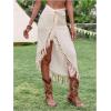 imageSHENHE Womens Twist Front High Slit Fringe Skirt Asymmetrical Tassel Boho Midi SkirtApricot