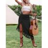 imageSHENHE Womens Twist Front High Slit Fringe Skirt Asymmetrical Tassel Boho Midi SkirtBlack