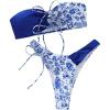 imageSHENHE Womens Strapless 2 Piece Swimsuits Floral Colorblock Lace Up Bandeau Bikini SetBlue and White