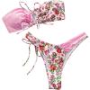 imageSHENHE Womens Strapless 2 Piece Swimsuits Floral Colorblock Lace Up Bandeau Bikini SetPink